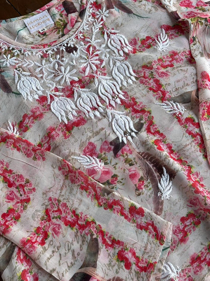 Floral Motif Chikankari Semi-Georgette Short Top / Kurti