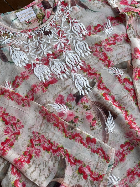 Floral Motif Chikankari Semi-Georgette Short Top / Kurti