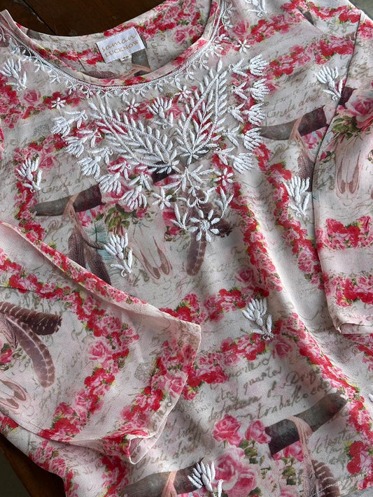 Floral Motif Chikankari Semi-Georgette Short Top / Kurti