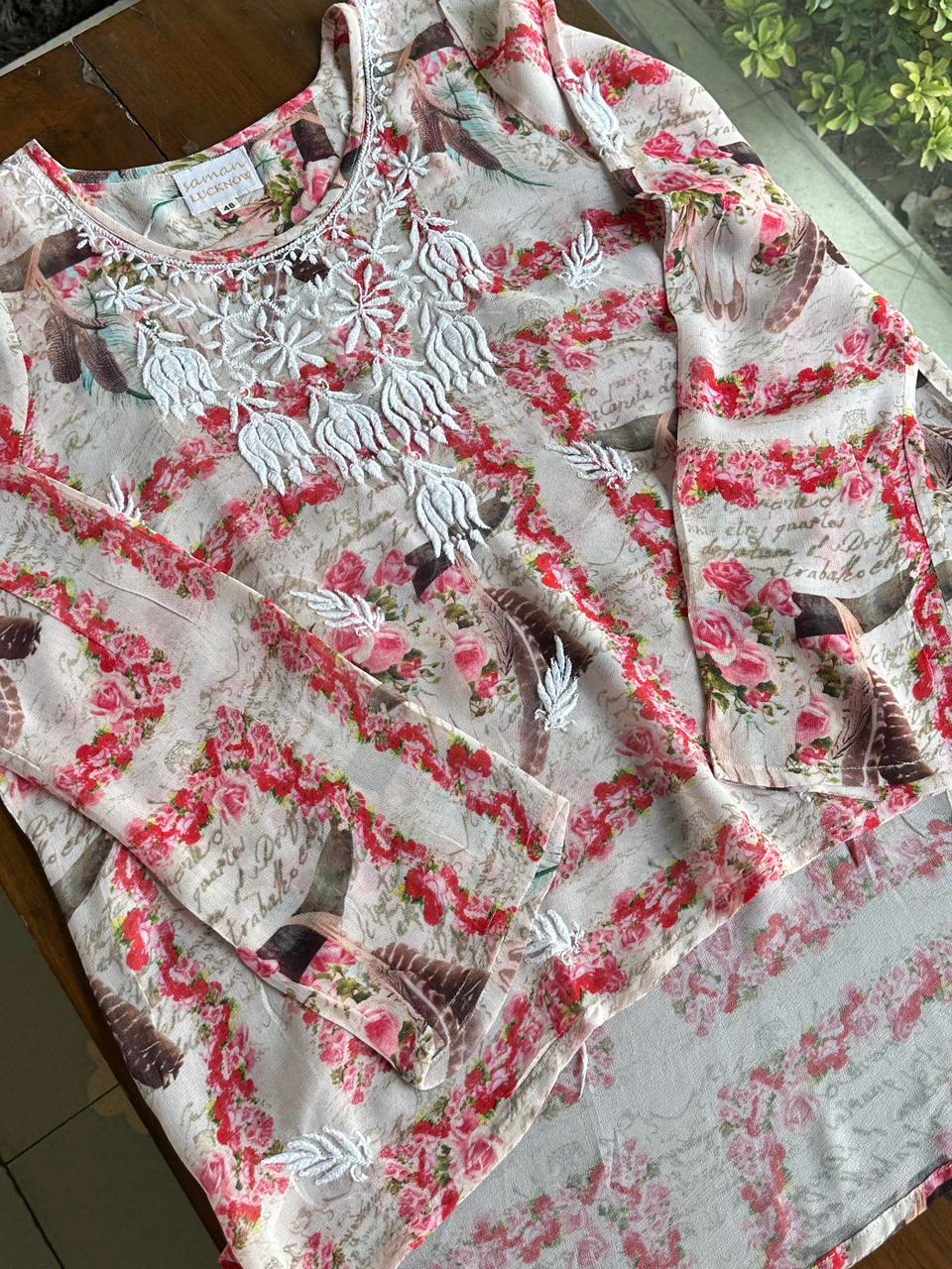 Floral Motif Chikankari Semi-Georgette Short Top / Kurti