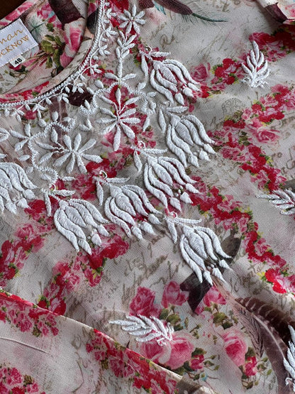 Floral Motif Chikankari Semi-Georgette Short Top / Kurti