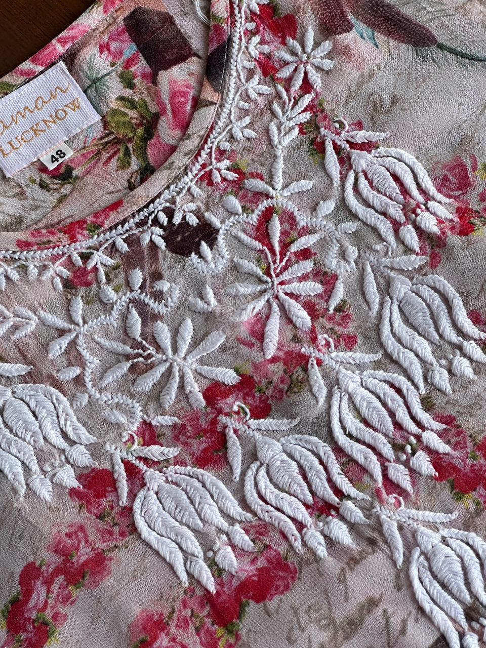 Floral Motif Chikankari Semi-Georgette Short Top / Kurti