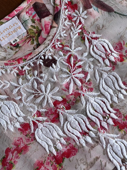 Floral Motif Chikankari Semi-Georgette Short Top / Kurti