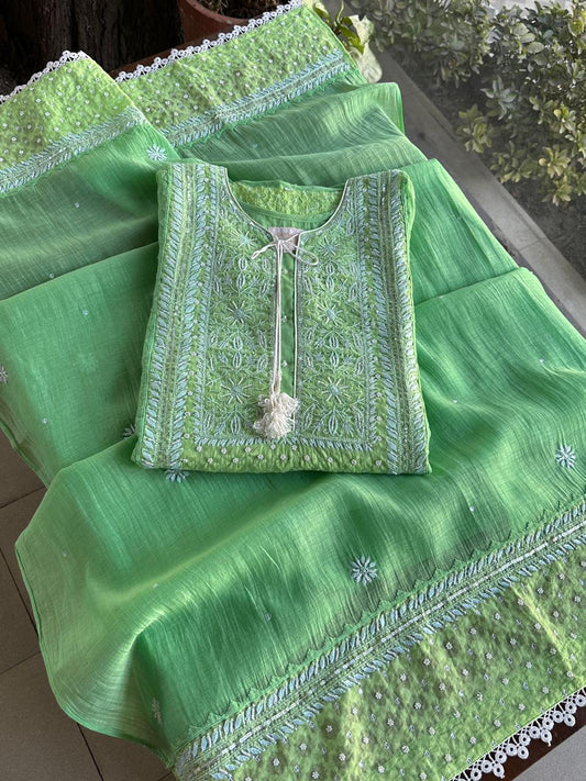 Fluorescent Green Jacquard Pearl Work Chikankari Kurta With Dupatta