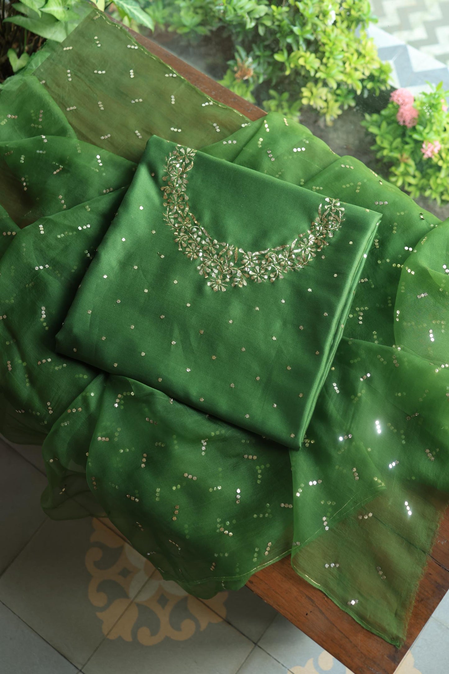 Forest Green Chanderi Silk Mukaish Badla Unstitched Fabrics