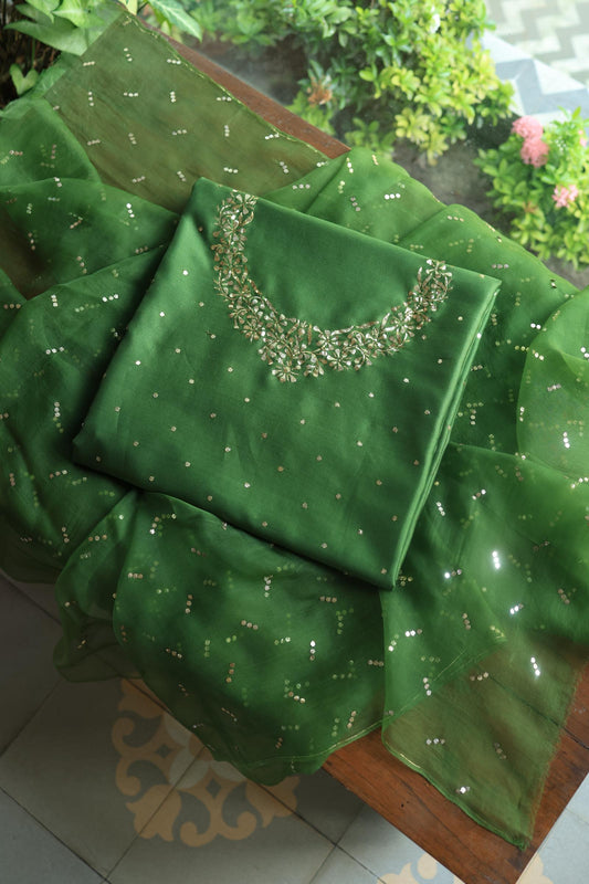 Forest Green Chanderi Silk Mukaish Badla Unstitched Fabrics