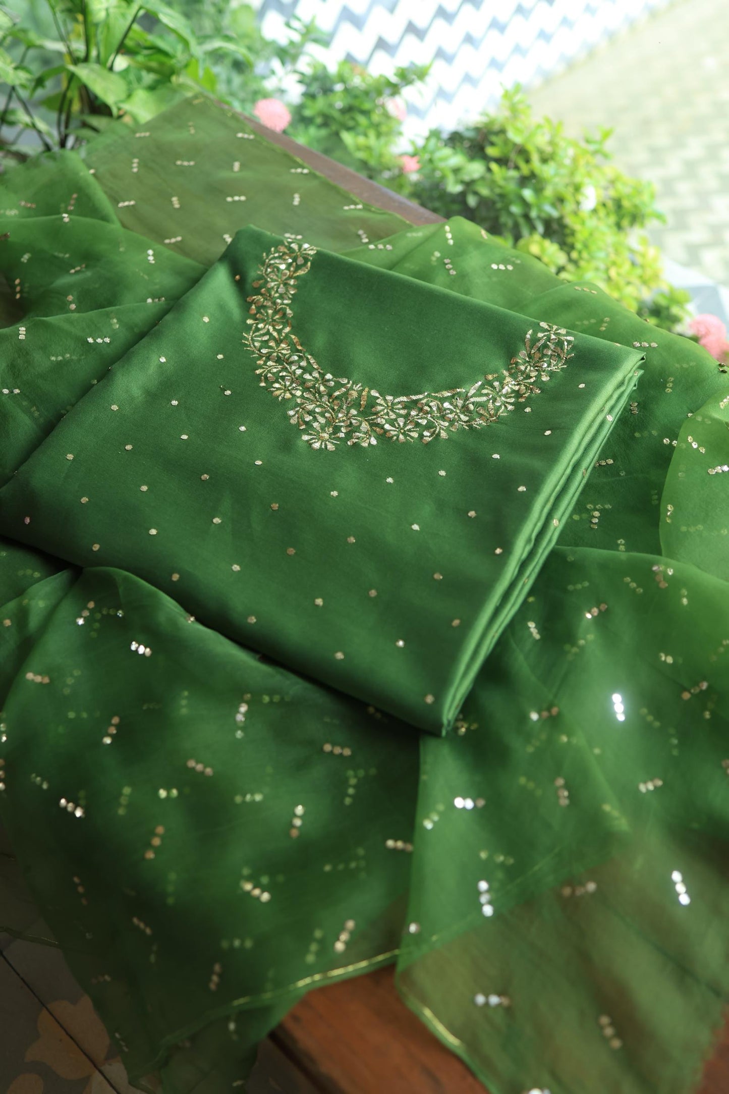 Forest Green Chanderi Silk Mukaish Badla Unstitched Fabrics