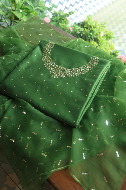Forest Green Chanderi Silk Mukaish Badla Unstitched Fabrics