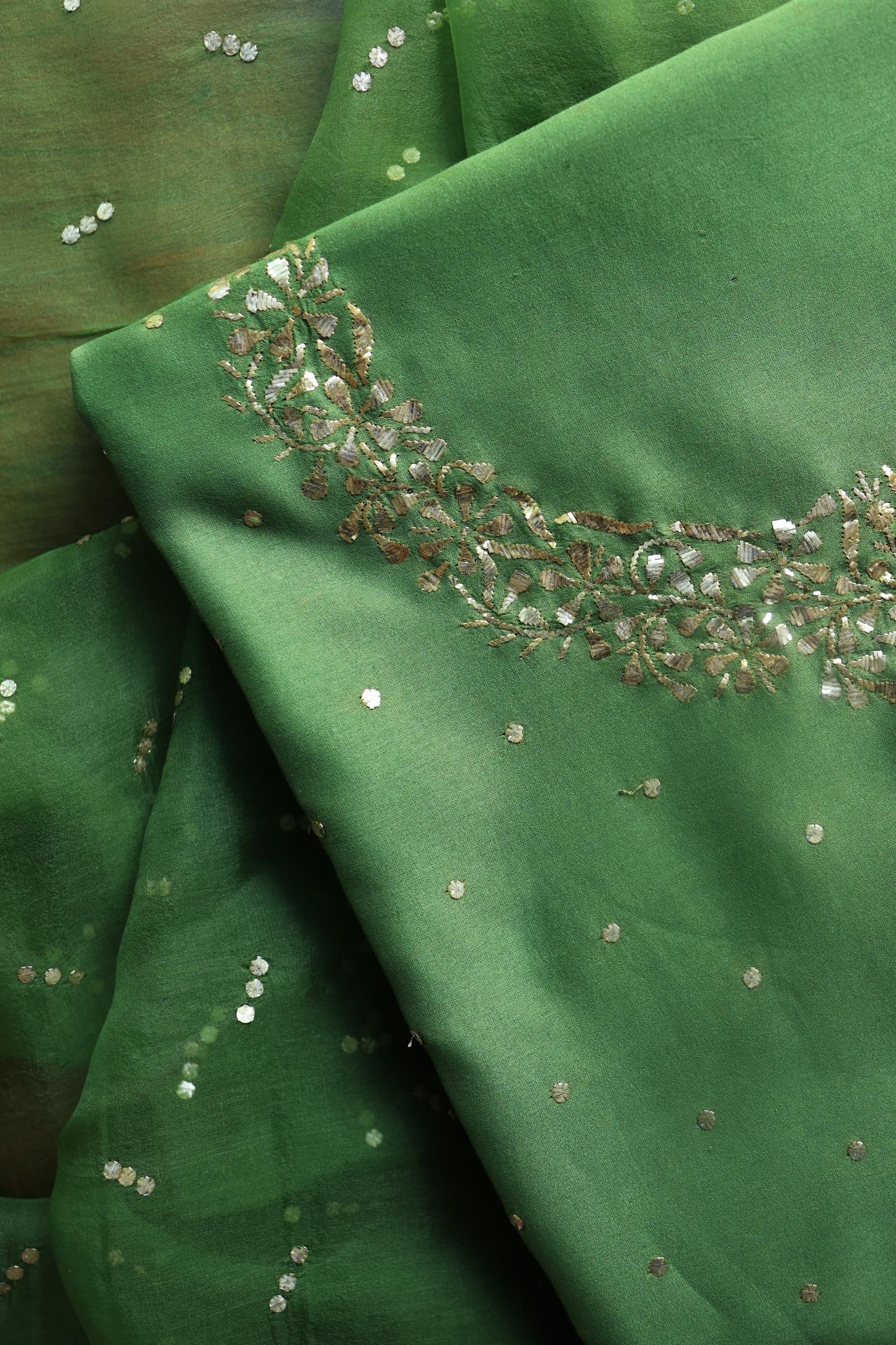 Forest Green Chanderi Silk Mukaish Badla Unstitched Fabrics