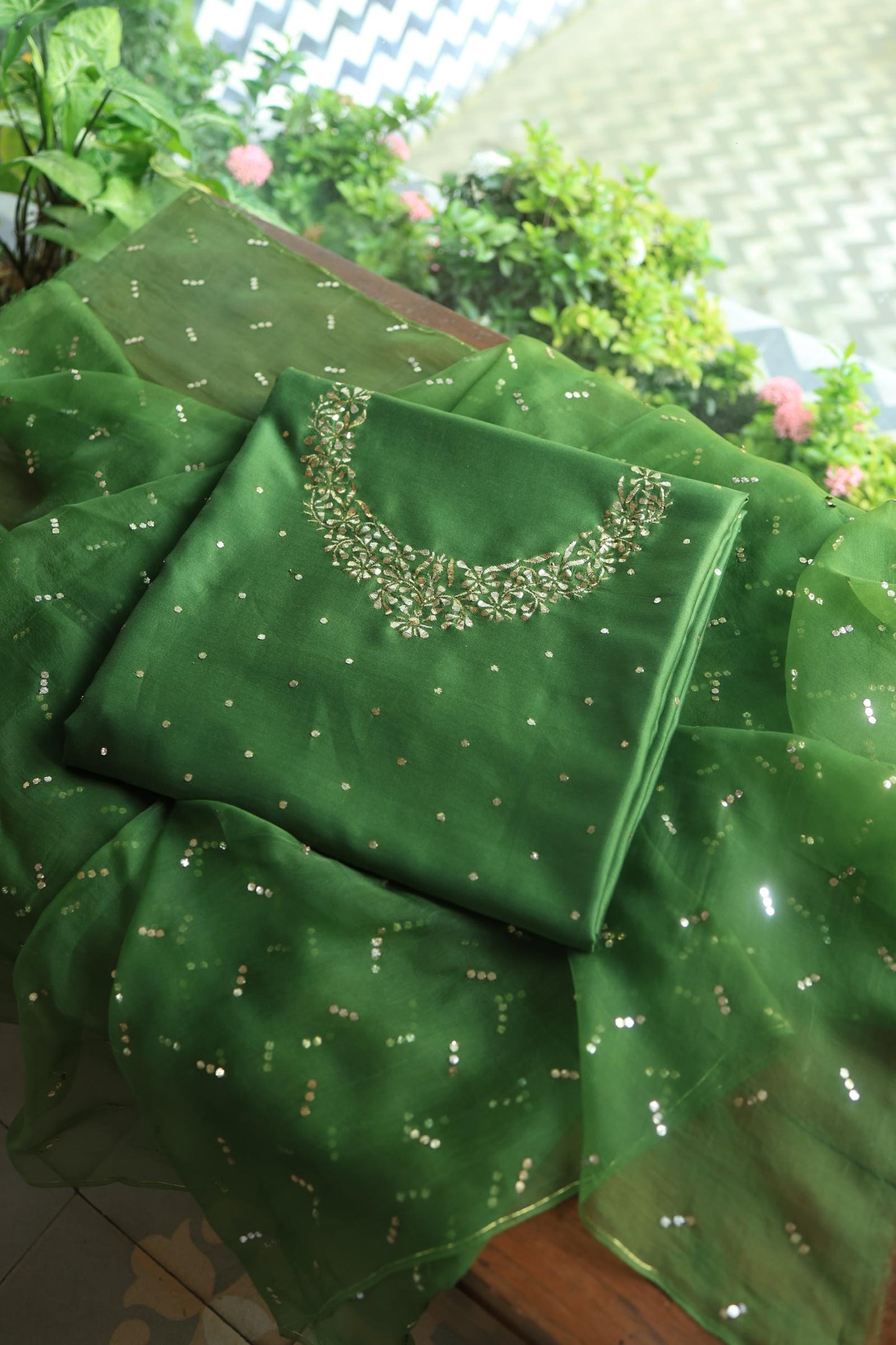 Forest Green Chanderi Silk Mukaish Badla Unstitched Fabrics