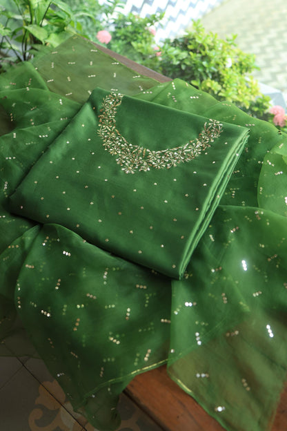 Forest Green Chanderi Silk Mukaish Badla Unstitched Fabrics