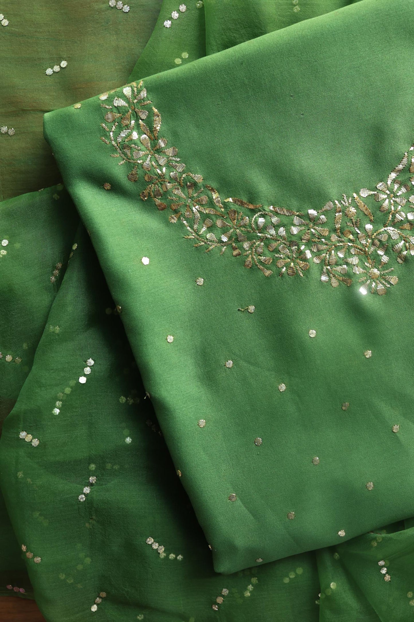 Forest Green Chanderi Silk Mukaish Badla Unstitched Fabrics