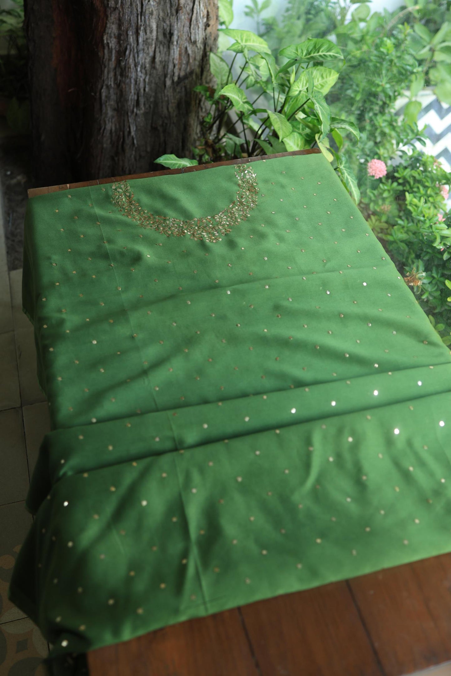 Forest Green Chanderi Silk Mukaish Badla Unstitched Fabrics