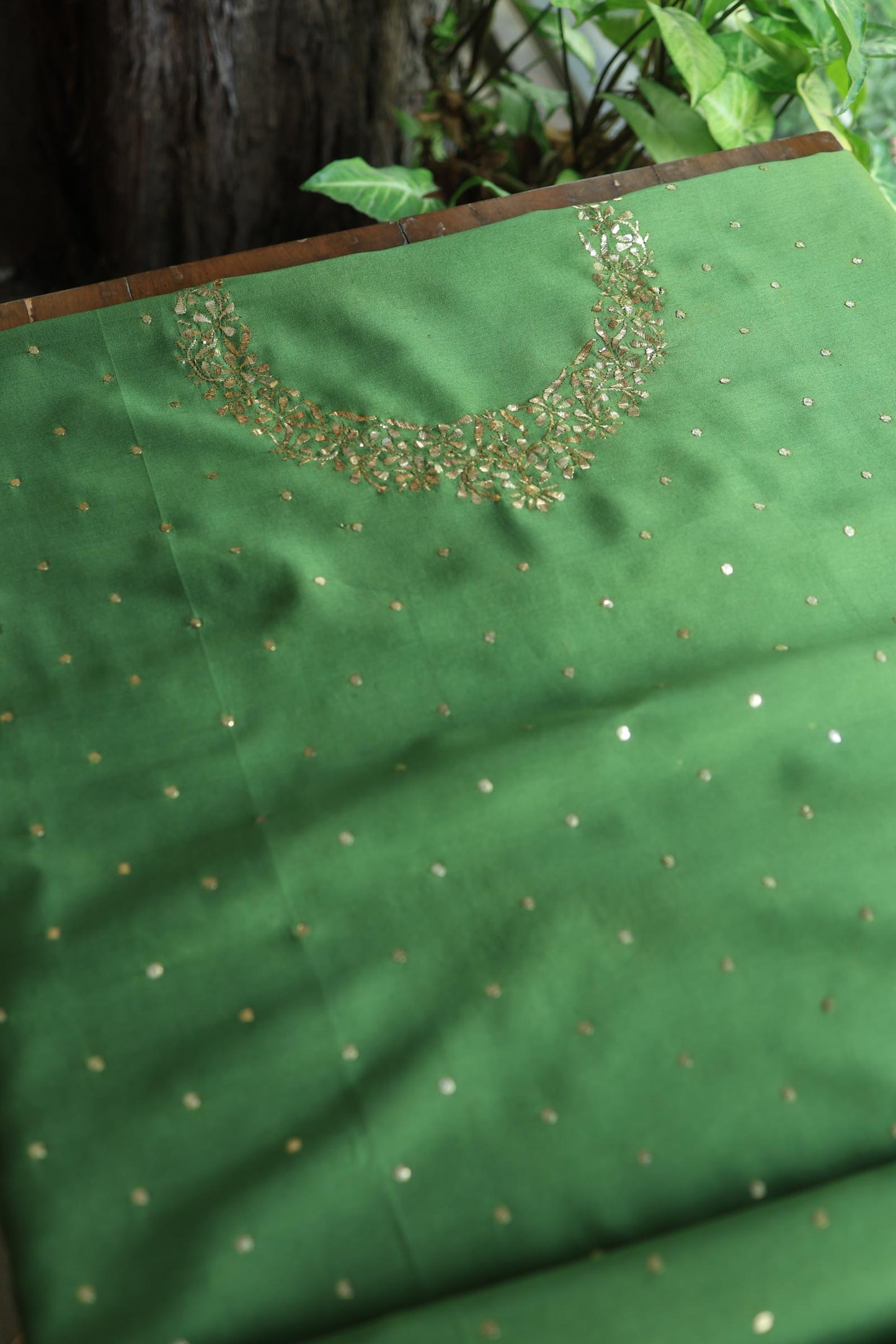 Forest Green Chanderi Silk Mukaish Badla Unstitched Fabrics