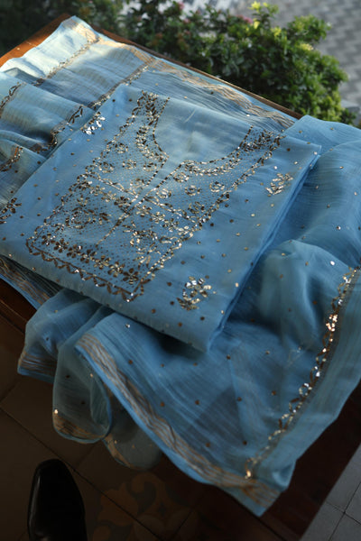 Fountain Blue Chanderi Silk Mukaish Badla Unstitched Fabric