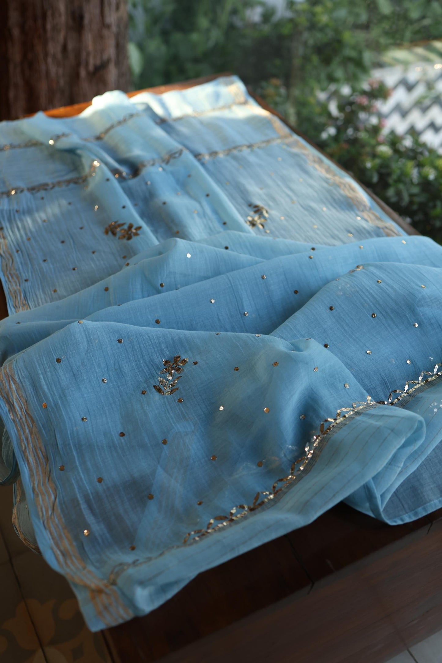 Fountain Blue Chanderi Silk Mukaish Badla Unstitched Fabric