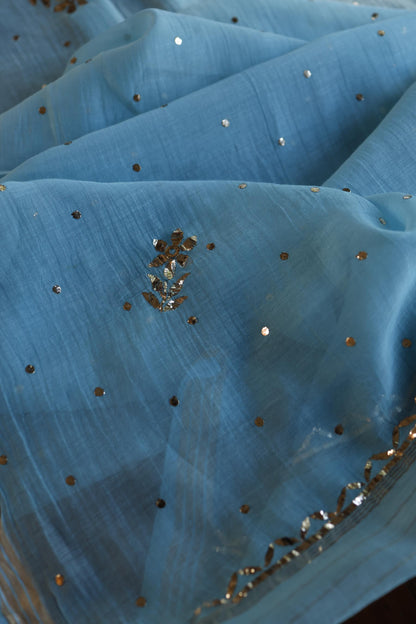 Fountain Blue Chanderi Silk Mukaish Badla Unstitched Fabric