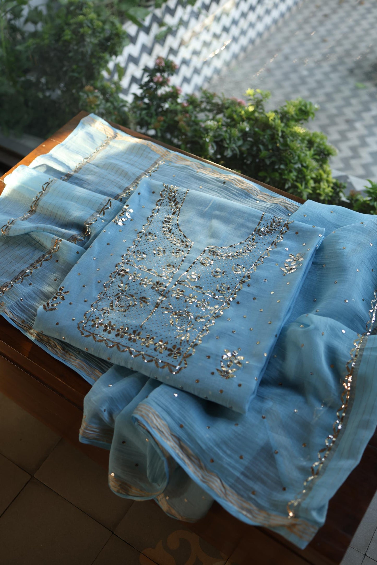 Fountain Blue Chanderi Silk Mukaish Badla Unstitched Fabric