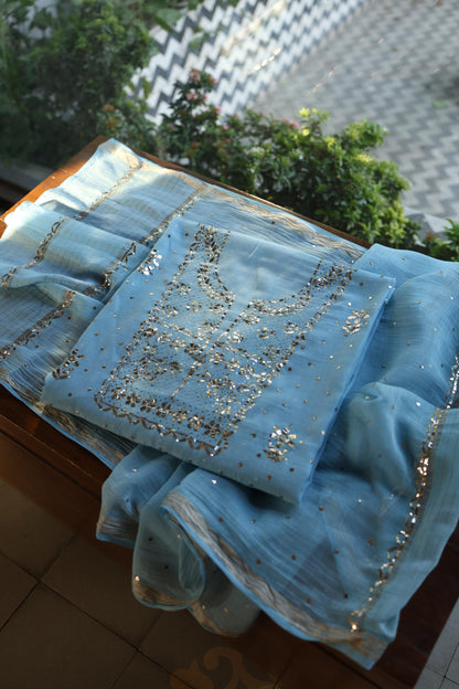 Fountain Blue Chanderi Silk Mukaish Badla Unstitched Fabric