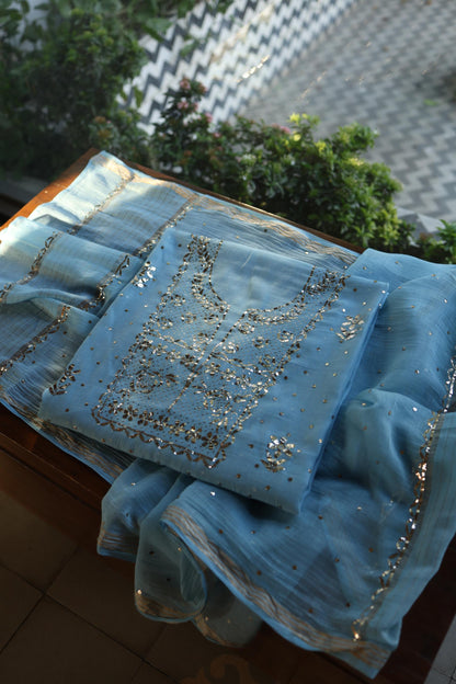 Fountain Blue Chanderi Silk Mukaish Badla Unstitched Fabric