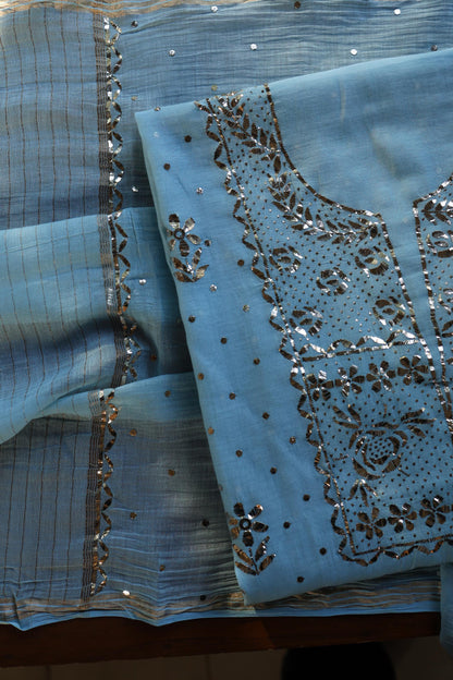 Fountain Blue Chanderi Silk Mukaish Badla Unstitched Fabric