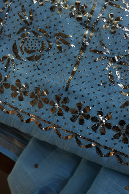 Fountain Blue Chanderi Silk Mukaish Badla Unstitched Fabric