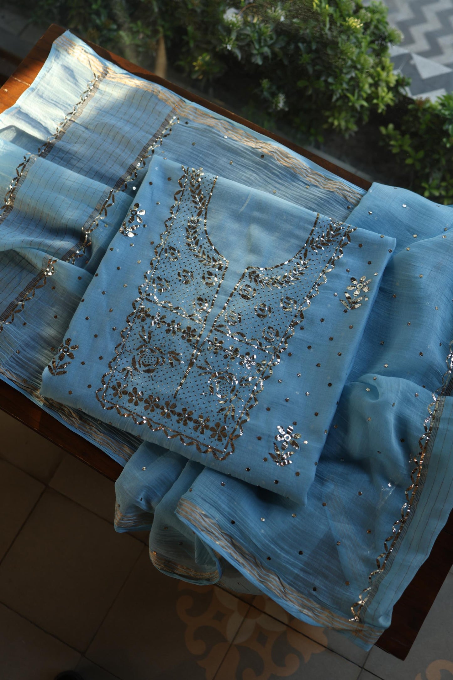 Fountain Blue Chanderi Silk Mukaish Badla Unstitched Fabric