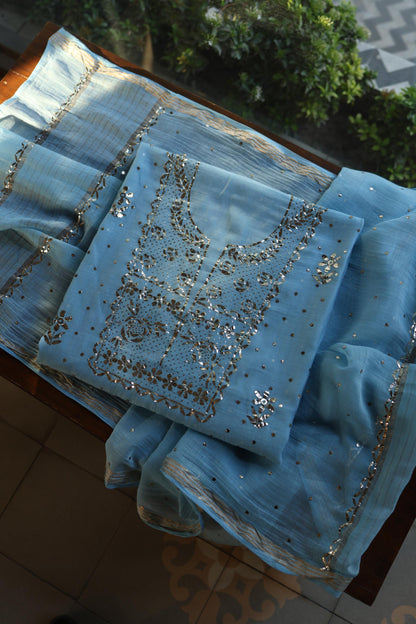 Fountain Blue Chanderi Silk Mukaish Badla Unstitched Fabric