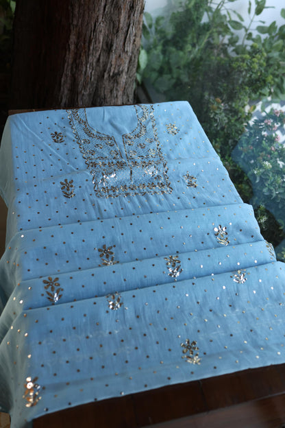 Fountain Blue Chanderi Silk Mukaish Badla Unstitched Fabric