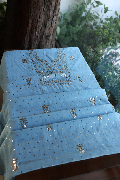 Fountain Blue Chanderi Silk Mukaish Badla Unstitched Fabric