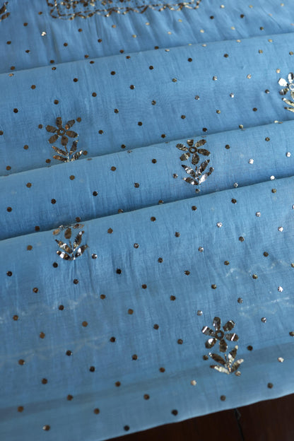 Fountain Blue Chanderi Silk Mukaish Badla Unstitched Fabric