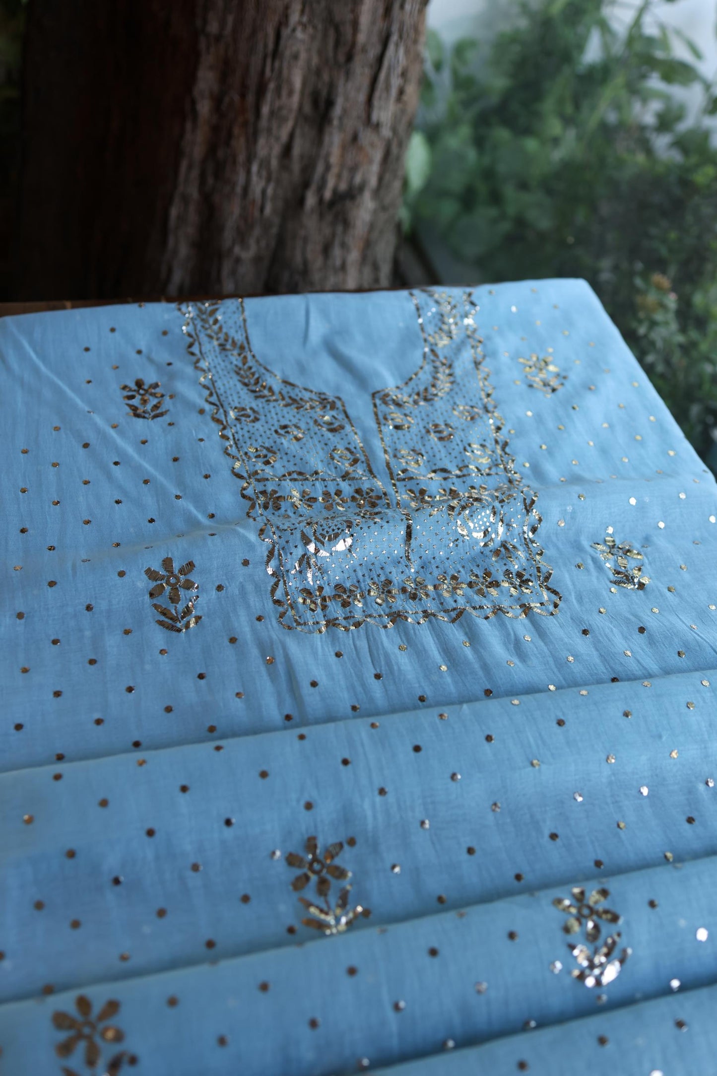 Fountain Blue Chanderi Silk Mukaish Badla Unstitched Fabric