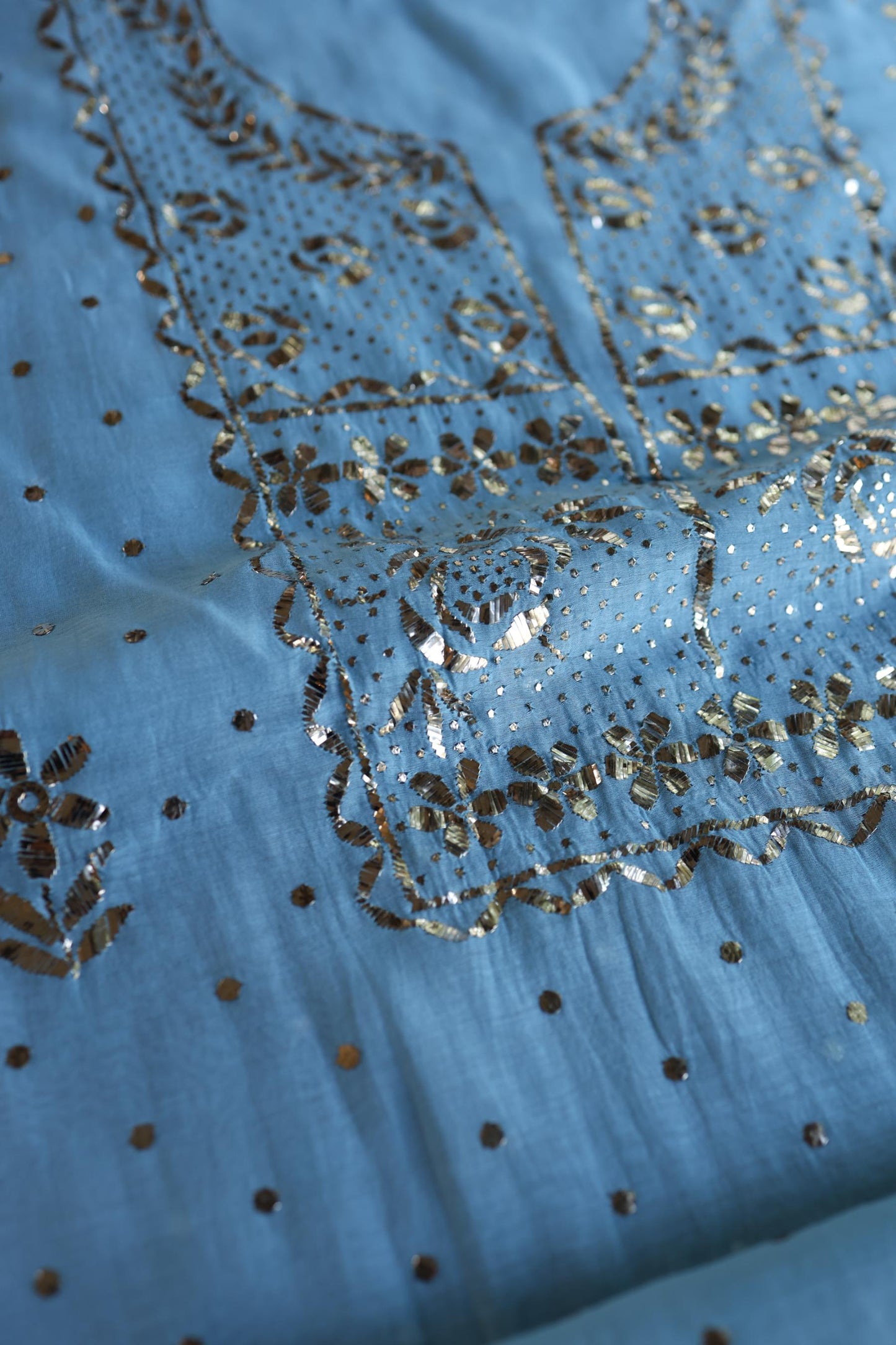 Fountain Blue Chanderi Silk Mukaish Badla Unstitched Fabric