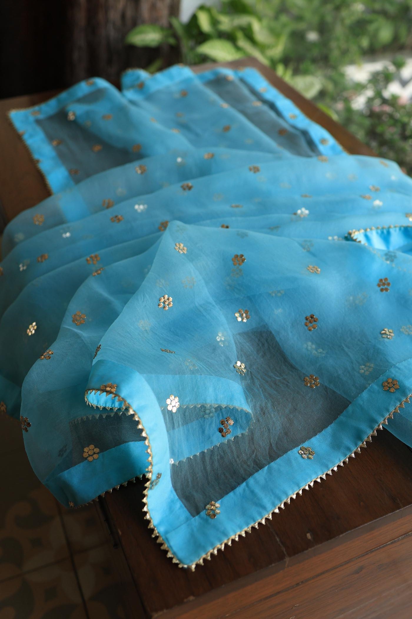 Fountain Blue Chanderi Silk Mukaish Badla Unstitched Fabrics