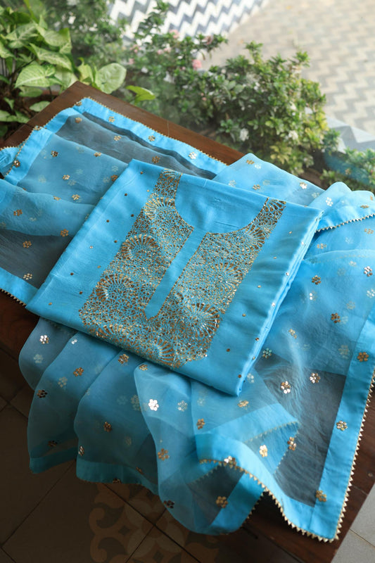 Fountain Blue Chanderi Silk Mukaish Badla Unstitched Fabrics
