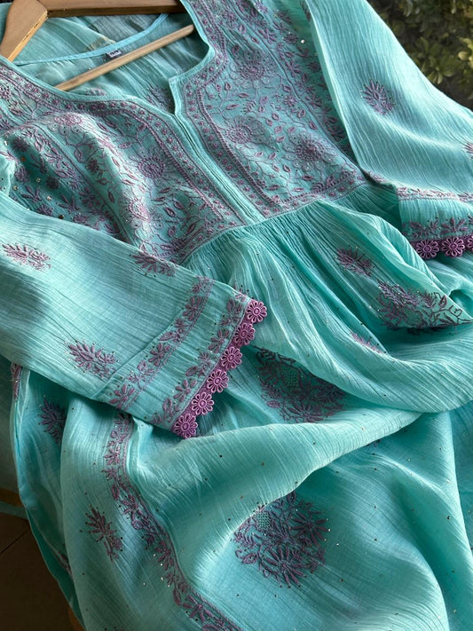 Fountain Blue Malmal Mukaish Kamdani Chikankari Stitched Kurta Dupatta Set