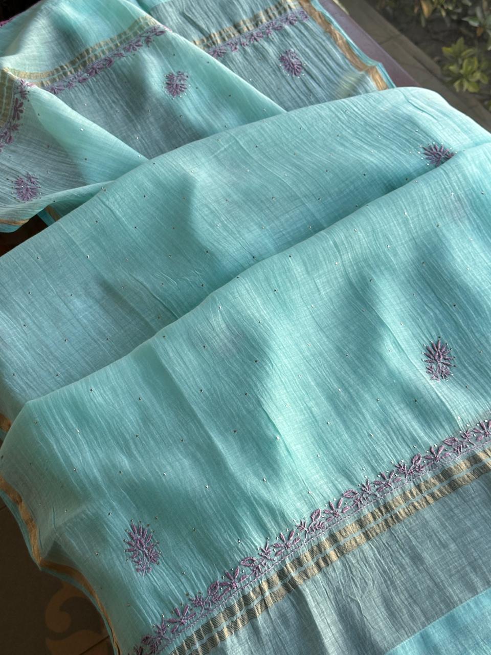 Fountain Blue Malmal Mukaish Kamdani Chikankari Stitched Kurta Dupatta Set