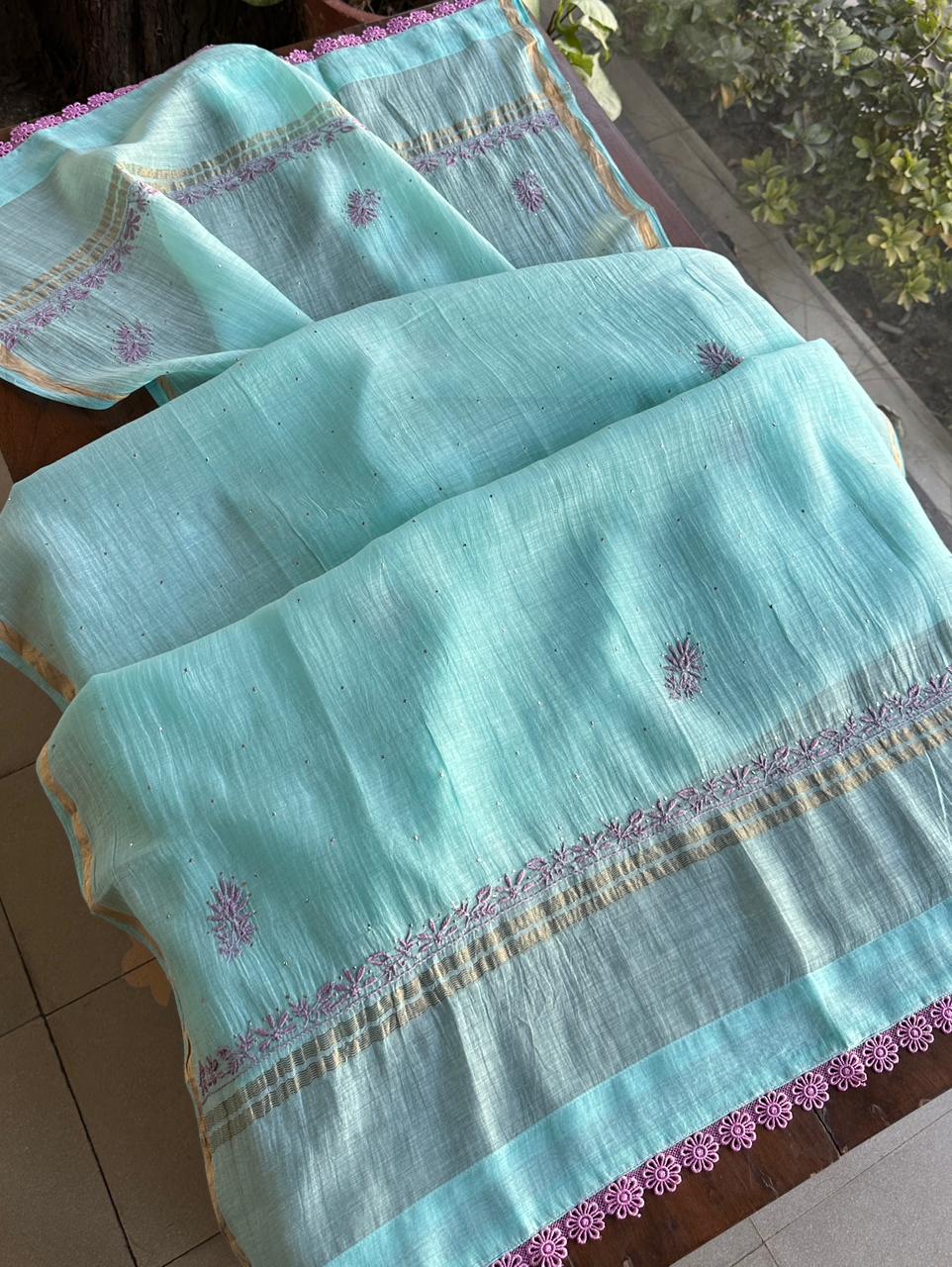 Fountain Blue Malmal Mukaish Kamdani Chikankari Stitched Kurta Dupatta Set