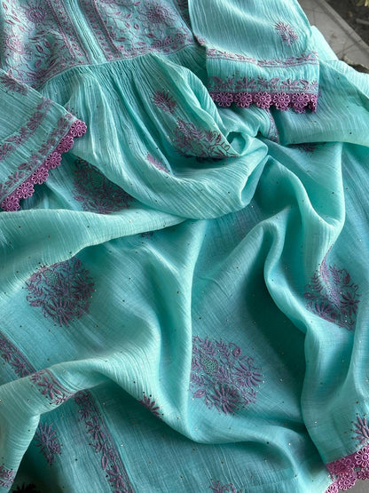 Fountain Blue Malmal Mukaish Kamdani Chikankari Stitched Kurta Dupatta Set