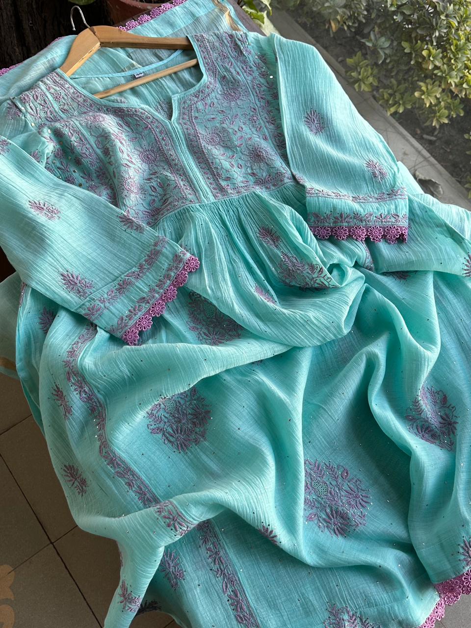 Fountain Blue Malmal Mukaish Kamdani Chikankari Stitched Kurta Dupatta Set