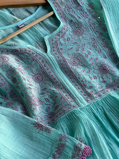 Fountain Blue Malmal Mukaish Kamdani Chikankari Stitched Kurta Dupatta Set