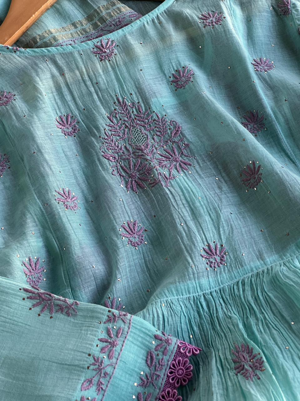 Fountain Blue Malmal Mukaish Kamdani Chikankari Stitched Kurta Dupatta Set