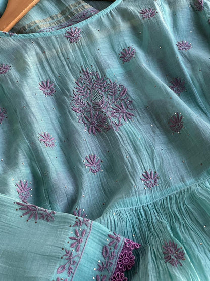 Fountain Blue Malmal Mukaish Kamdani Chikankari Stitched Kurta Dupatta Set