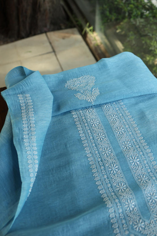 Fountain Blue Mulmul Chikankari Unstitched Men's Kurtas Fabric