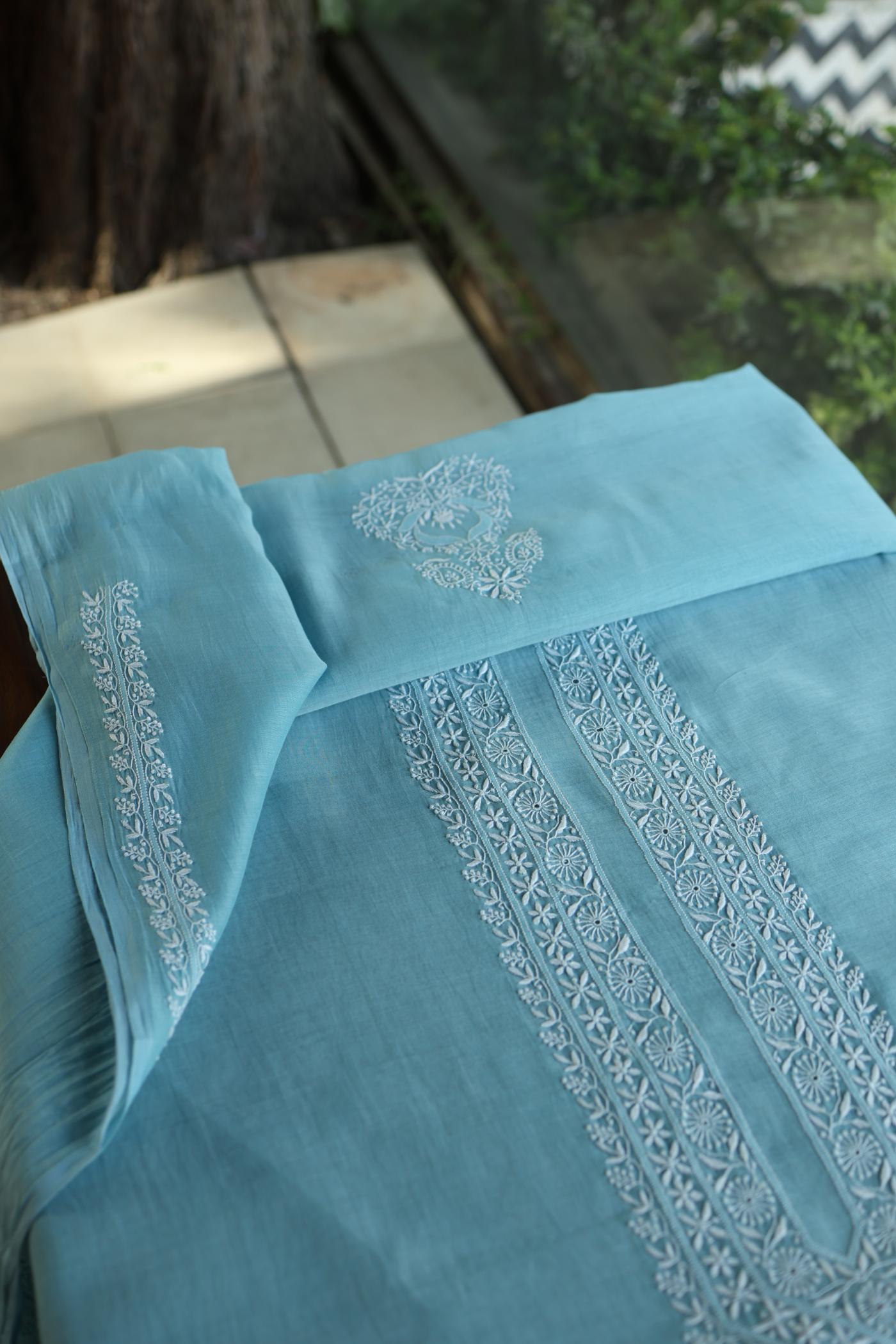 Fountain Blue Mulmul Chikankari Unstitched Men's Kurtas Fabric