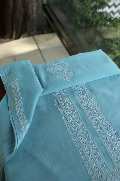 Fountain Blue Mulmul Chikankari Unstitched Men's Kurtas Fabric