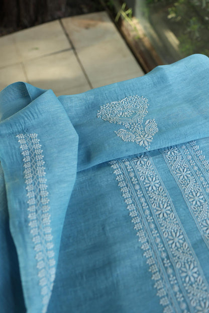 Fountain Blue Mulmul Chikankari Unstitched Men's Kurtas Fabric