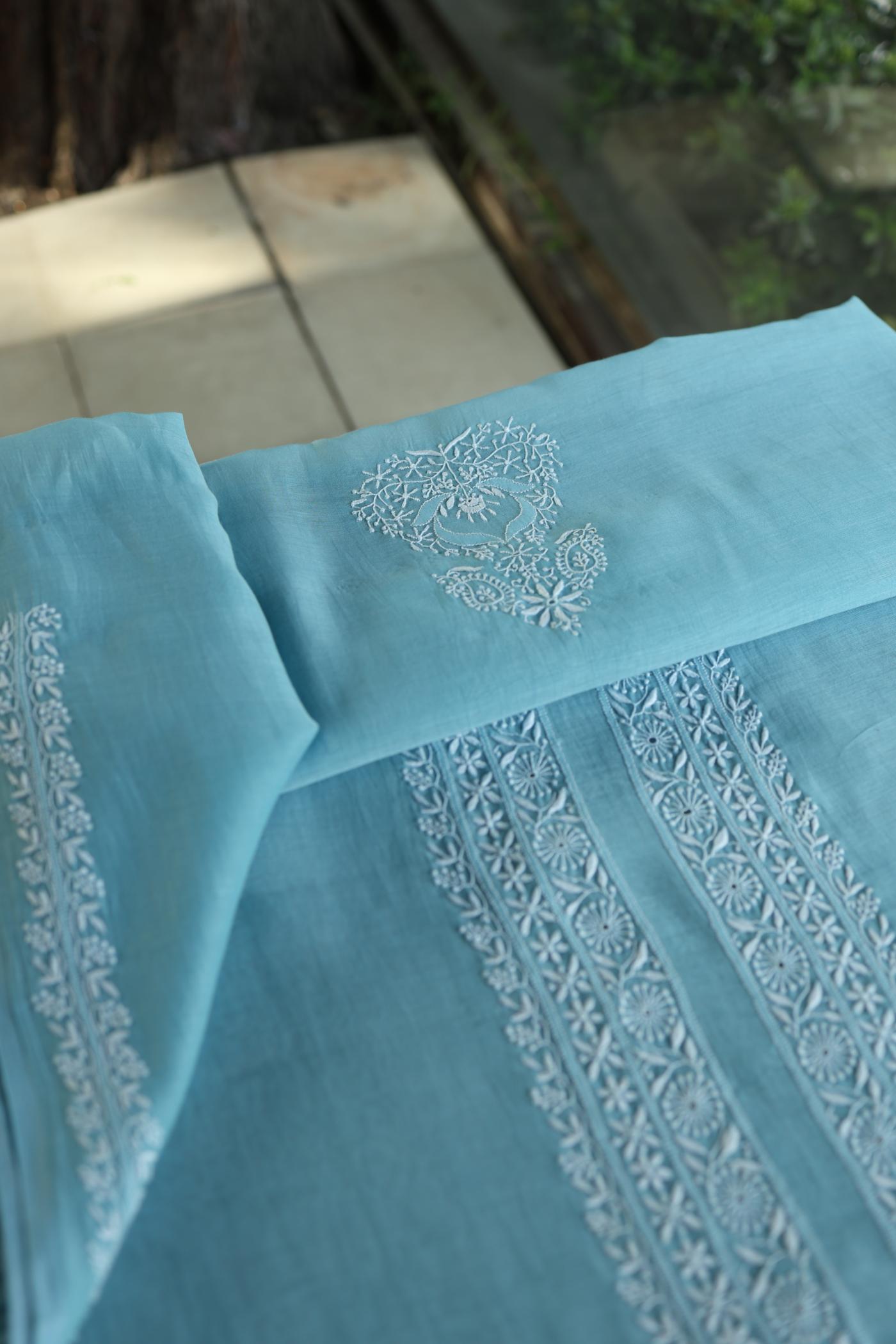 Fountain Blue Mulmul Chikankari Unstitched Men's Kurtas Fabric