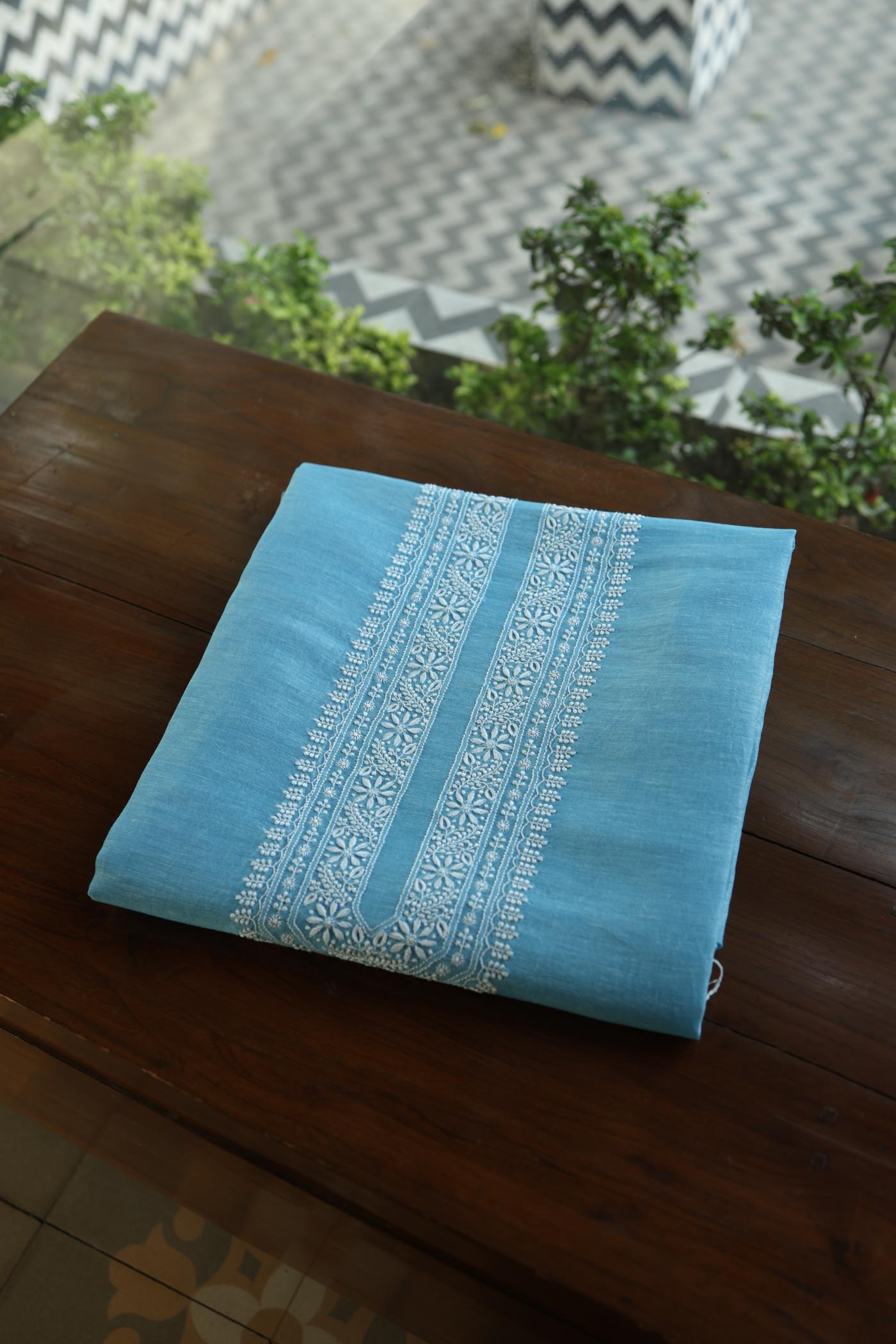 Fountain Blue Mulmul Chikankari Unstitched Men's Kurtas Fabric