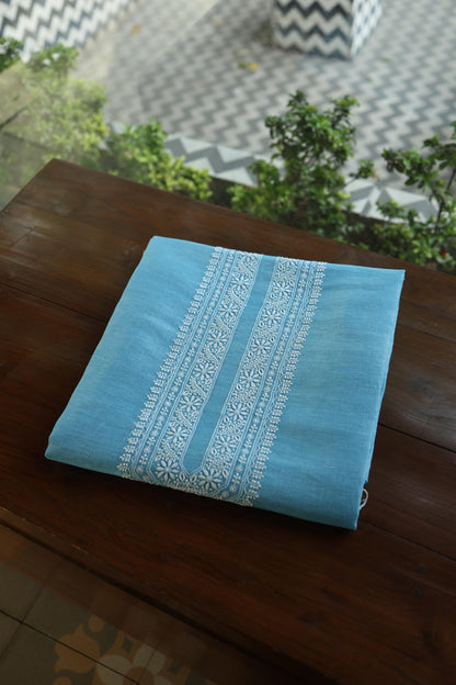 Fountain Blue Mulmul Chikankari Unstitched Men's Kurtas Fabric